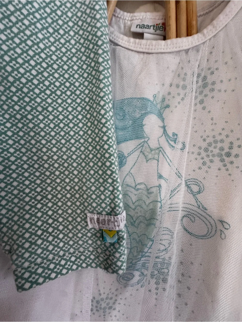 Whimsical Naartjie Mermaid Print Sheer Overlay Top in Teal on White and leggings